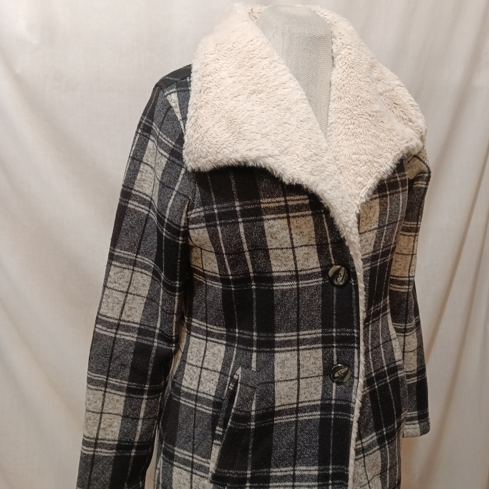 Steve Madden Faux Fur/B&W Plaid Coat